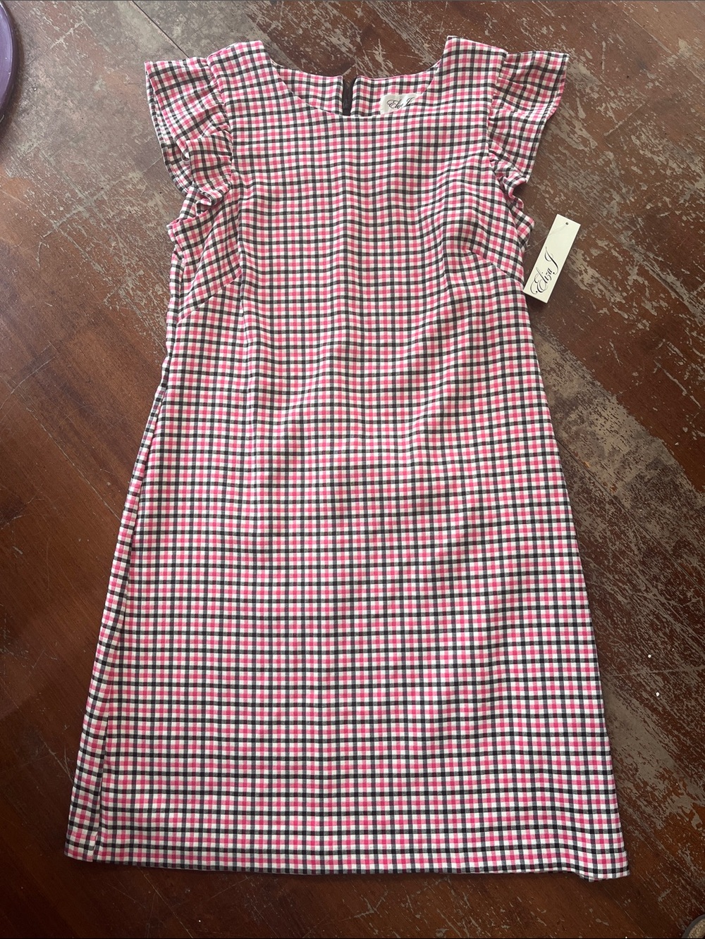 Eliza J Pink, White and Black Gingham Midi Dress with Flutter Sleeves